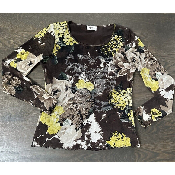 WEILL Vintage Mesh Top Floral Sequin Abstract Long Sleeve Brown sz S/M marked 8 - Picture 2 of 5